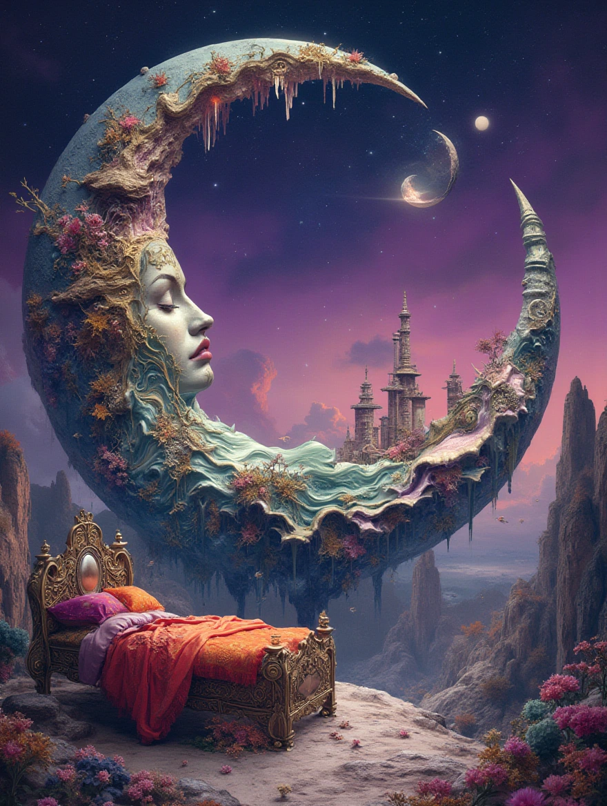 An otherworldly spiral crescent clockworld landscape inspired by Salvador Dali's surreal style, where a whimsical bed is placed under a starry purple sky,a painting of a woman's face with a city in the background, fantasy drawing made of fractals, colorful melting human head lying a throne in a fantasy land, portrait of a dreamer, depicted as a 3 d render, side profile artwork, psytrance, featured on twisted  dripping heart designs surrounded by bizarre and dreamlike scenery.