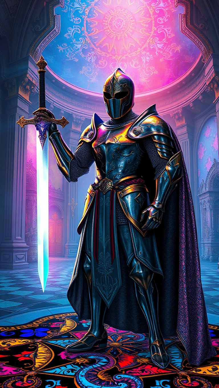 A stunning knight clad in shimmering armor, adorne…