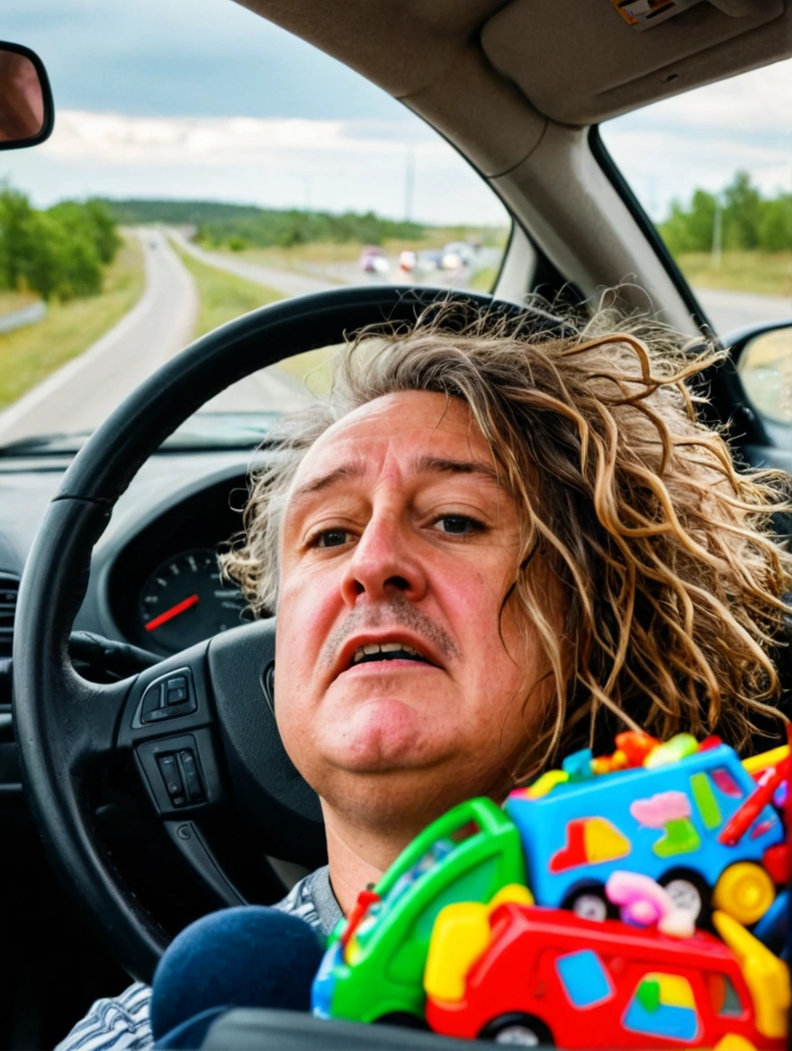 A stressed out parent on a road trip