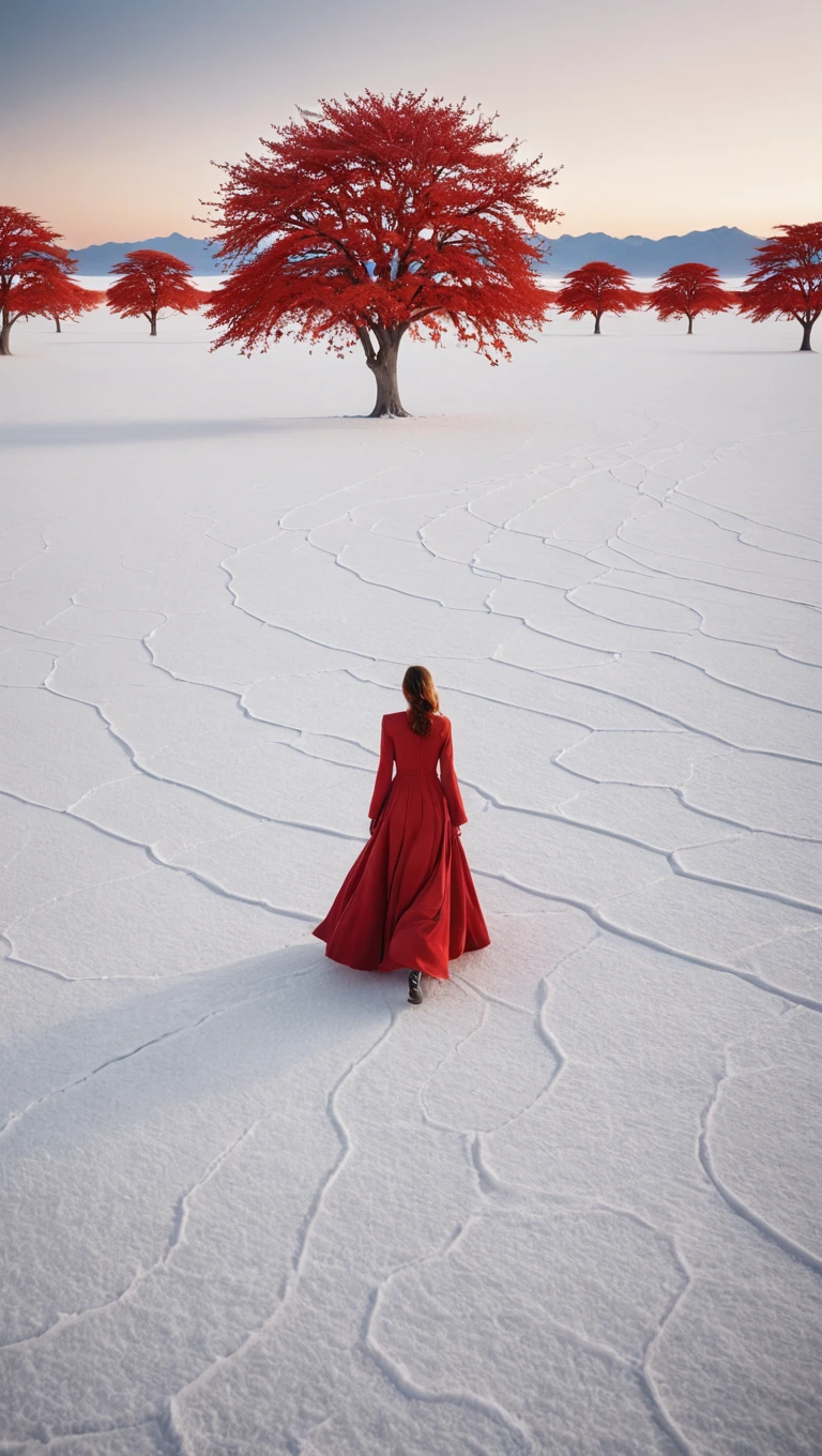 A dreamlike and surreal photograph of a mysterious woman in a flowing crimson gown strolling amidst a vast stark white salt flat, with fantastical red tree sculptures dotting the landscape. This scene is reminiscent of the evocative style of Scarlett Hooft Graafland, capturing the essence of magic and wonder in a beautifully composed and ethereal shot.