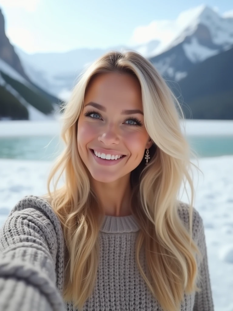 A stunning blonde woman, radiating elegance and grace, poses for a selfie with a look of serene warmth in her eyes. The picturesque snowy mountain backdrop adds a touch of magic to the scene, highlighting the unlikely connection and joy in this serene moment. The high-resolution image captures every detail with soft, natural lighting that enhances the enchanting atmosphere of the setting.