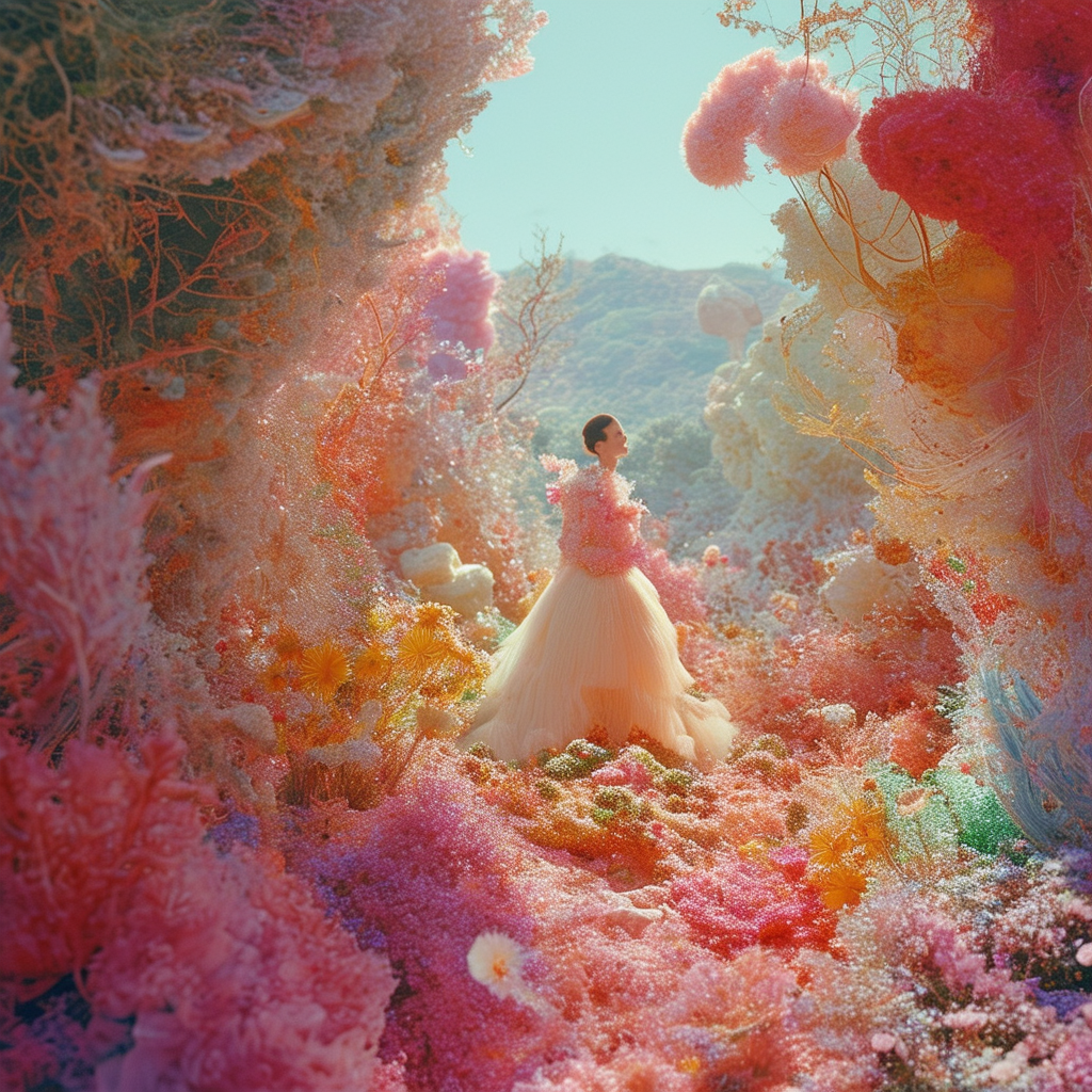 Close-up Shot of a galactic garden, Landscape Adox Color Implosion, by Tim Walker, photocollage, sun-soaked colours, advertising art, hyperrealistic environments, sculptural form, fanciful costume design