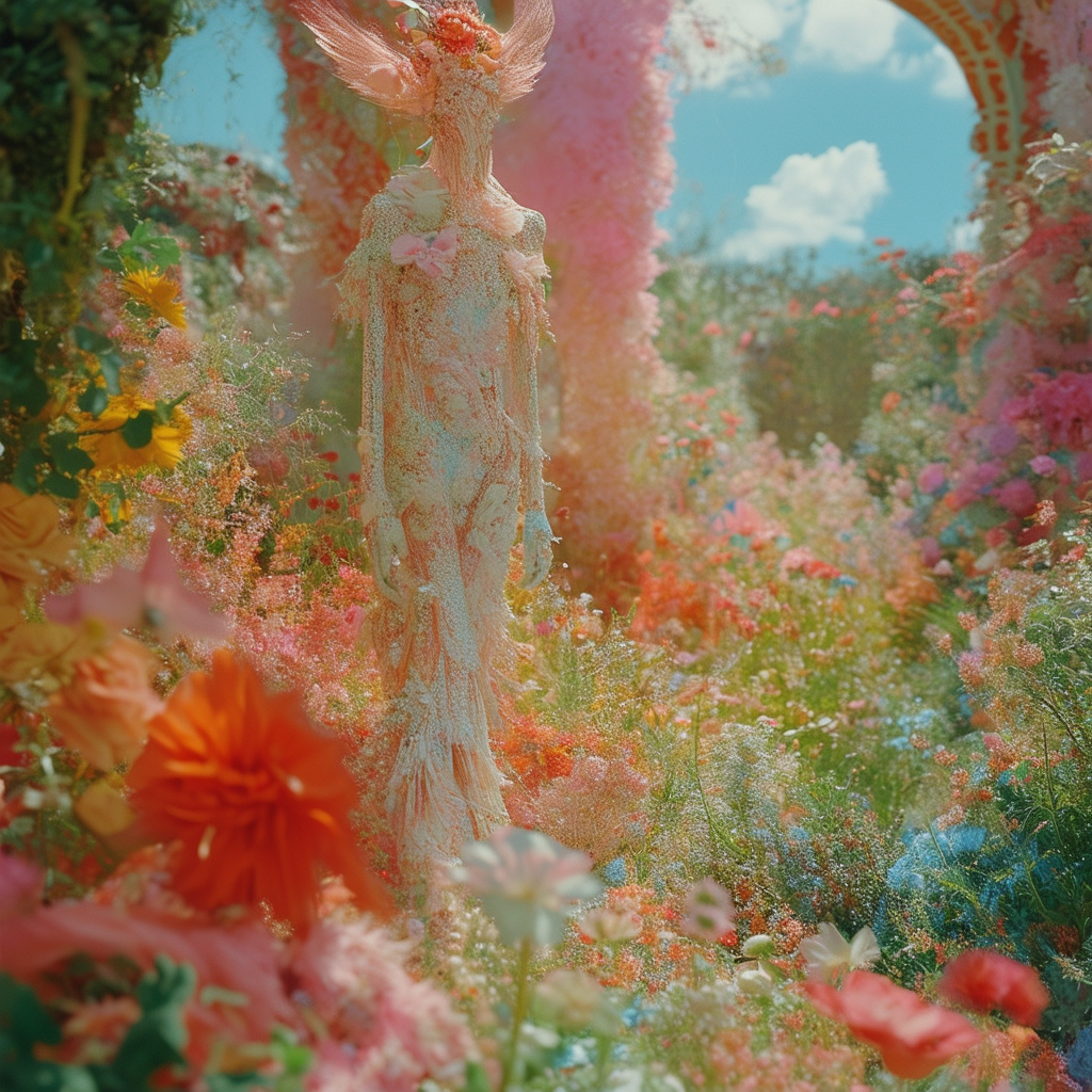 Close-up Shot of a galactic garden, Landscape Adox Color Implosion, by Tim Walker, photocollage, sun-soaked colours, advertising art, hyperrealistic environments, sculptural form, fanciful costume design