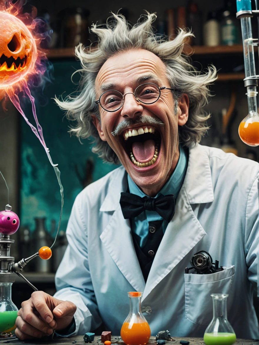 A mad scientist is laughing in joy at his monstrous creation spooky vibe, surrealist style, fantastical, magical, unexpected, super detail, dreamy lo-fi photography, colorful