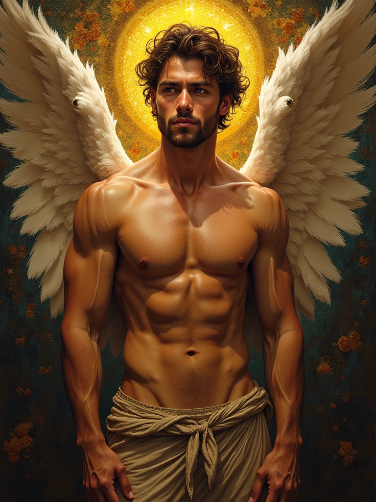 Regal angelical whimsical shirtless muscle male figures with a attractive expression, flanked by intricate flurry patterns and rich textures, painted with vibrant colors that seem to glow, creating a sense of depth and movement. The brushstrokes are precise and delicate, enhancing the ethereal attractive atmosphere of the scene. Bright highlights and deep shadows play together to emphasize the volumetric virile composition of the painting, drawing the viewer's eye towards the centered figure with an almost otherworldly presence.