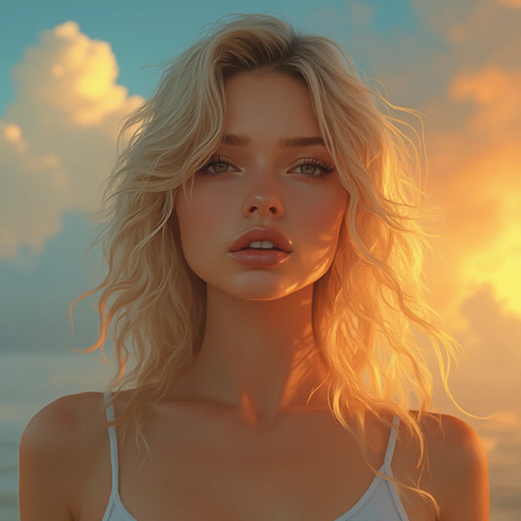 Close-up portrait of a woman wearing modern Top and Short,  Half her face is warm-toned, half cool-toned. Dramatic clouds in shades of orange and blue surround her. Hyper-realistic digital painting style. The woman has full lips and wavy blonde hair. Intense contrast and vivid colors. Surreal and dreamlike atmosphere. 32 K resolution, highly detailed.