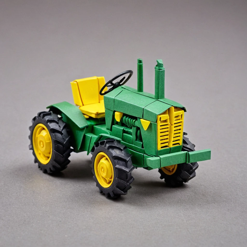 Green and yellow origami miniature tractor