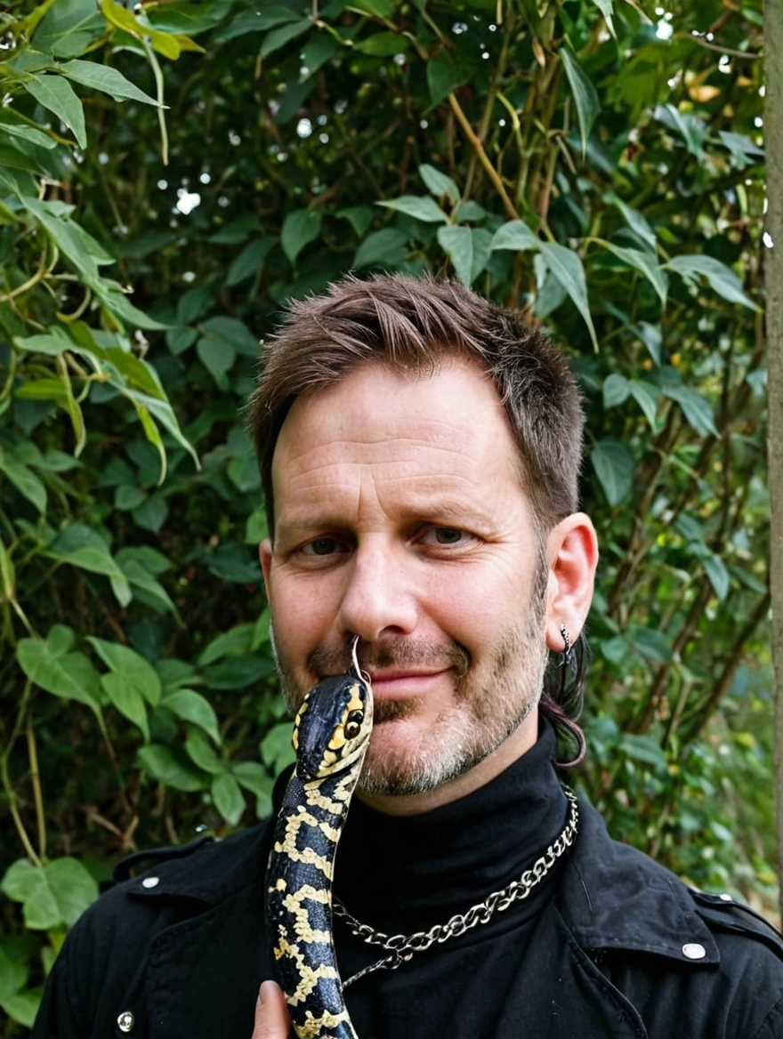 A male goth with piercings and a pet snake