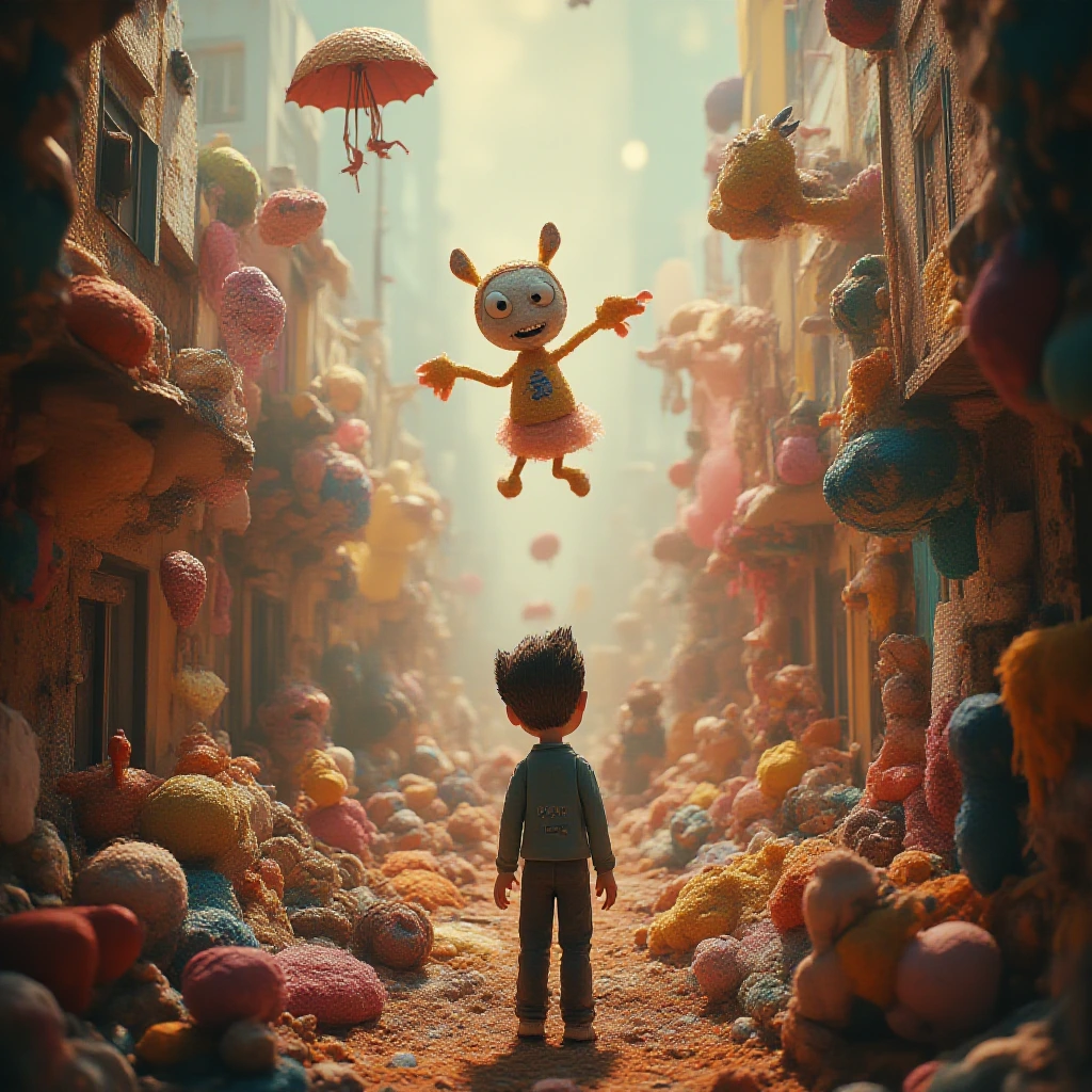 In a richly textured animated world inspired by [order out of chaos], a chaotic scene unfolds with five meme elements mingling in surprising harmony. A claymation character gazes upon a surreal 3D-rendered object, under a cinematic fantasy stylized lighting that gives a touch of realism to the epic realism. The background shifts from solid colors to gradients, as lens flares and motion blurs enhance the dynamic immersive depth. Each element, with hand-painted textures, adds to the modern absurdist humor and meta references to meme culture, creating a whimsical and detailed 8K masterpiece.