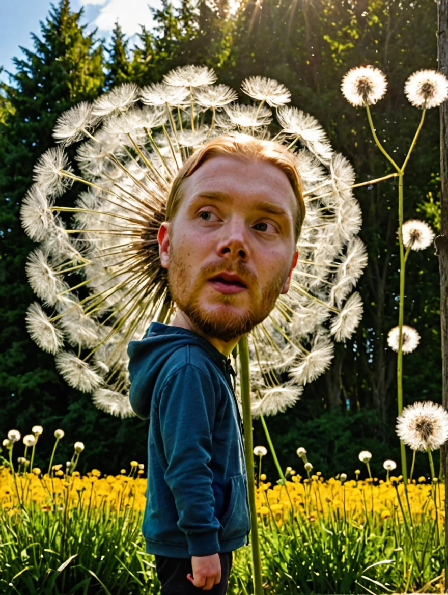 tiny man standing under a giant dandelion