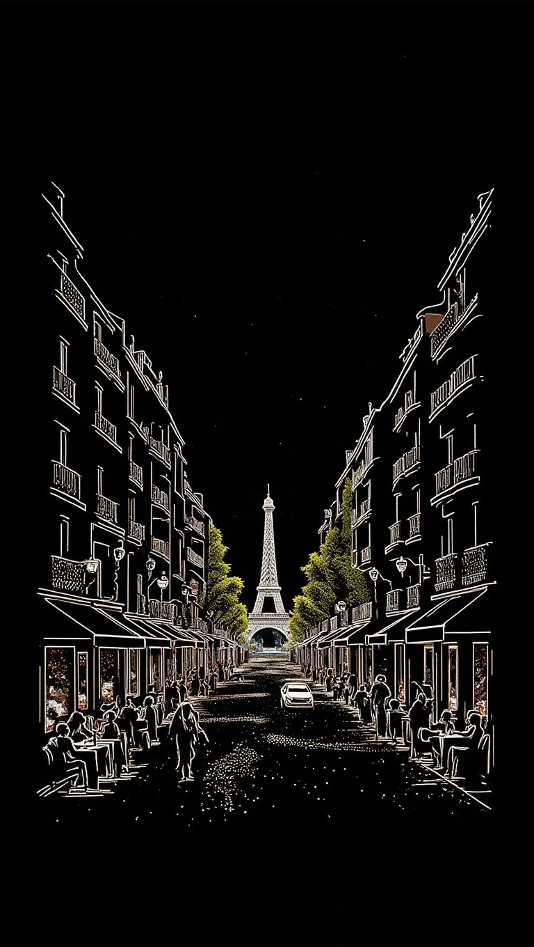 A bustling Parisian street depicted in minimalist