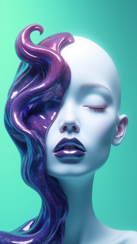 A surreal digital illustration of a stylized human face made up of abstract, fluid shapes, with a combination of smooth, flowing lines and sharp geometric edges. The left side of the face is formed by a mix of colorful, swirling voluminous glitter liquid pop shapes in shades of deep blues and purples, while the right side features a more rigid, white, sculpted form with minimalist features. The lips are bright silver and glossy, positioned centrally, creating a striking focal point. The background is a gradient that transitions from cool mint-green at the center to a darker indigo at the edges, giving a glowing effect behind the abstract face. The overall style is futuristic and artistic, with a strong emphasis on contrast and symmetry.