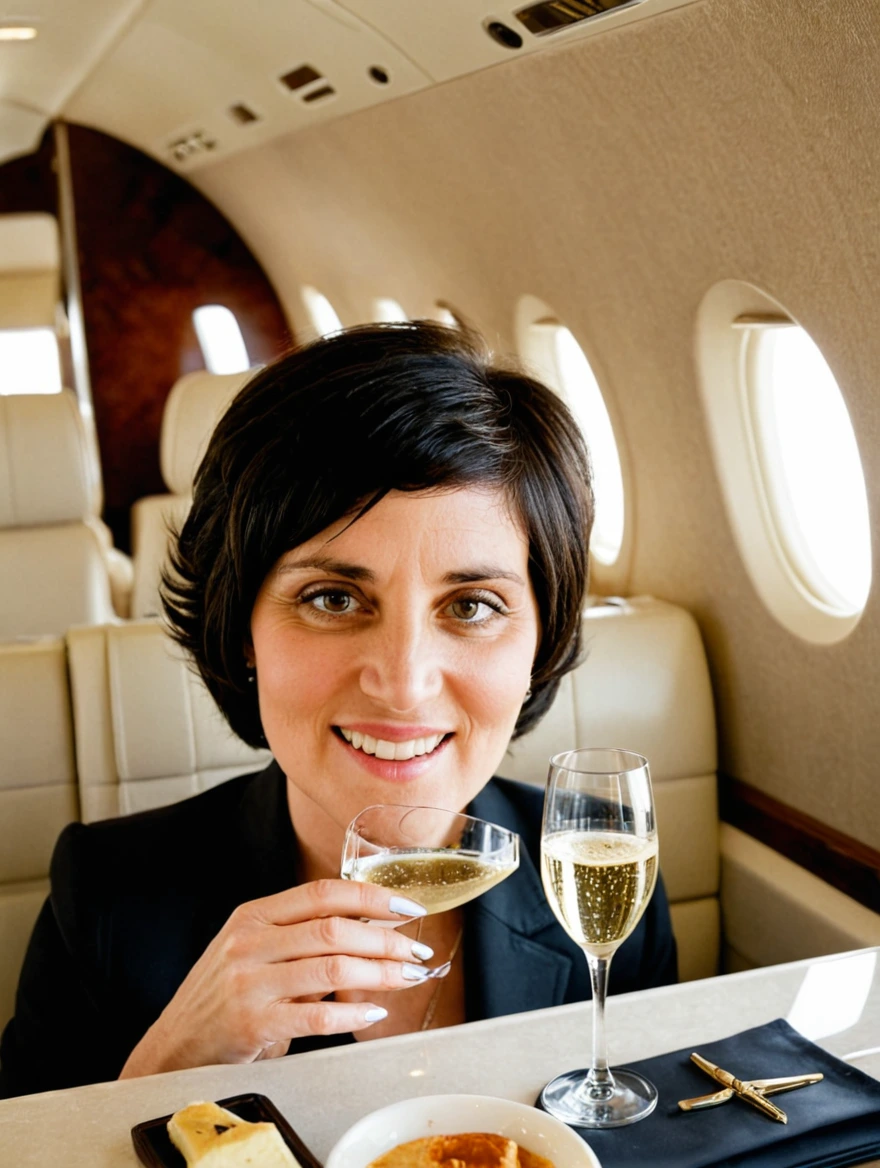 woman drinking champagne on a private jet