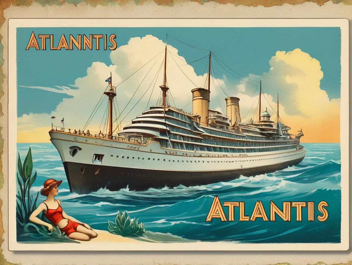 Postcard with text "Atlantis", vintage postcard style,