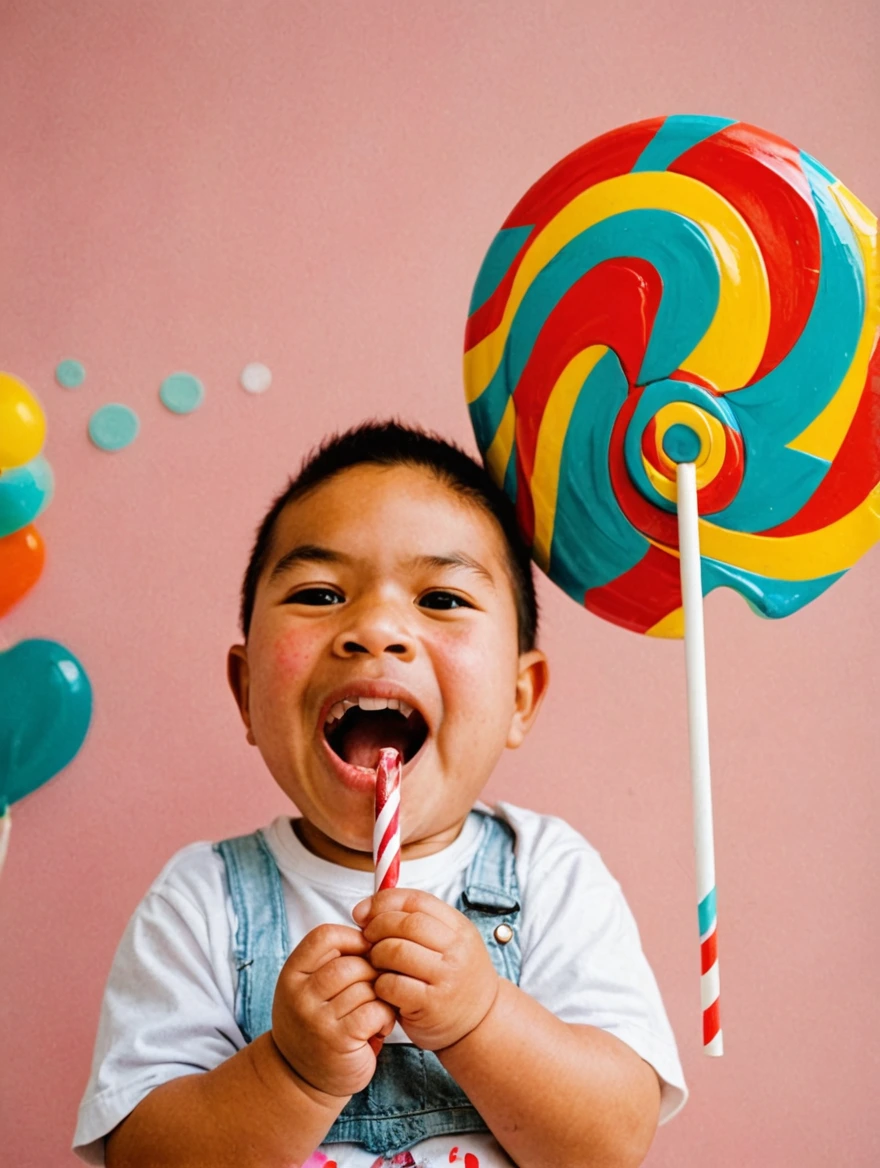 A baby holding a giant lolipop