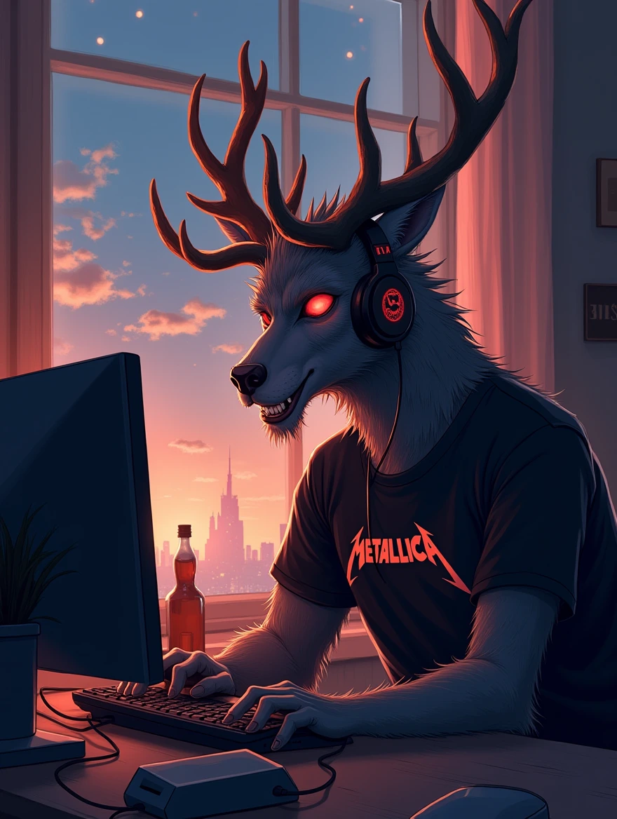 An evil looking anime-style illustration featuring an adult humanoid Wendigo with Antlers and no eyes, wearing headphones and Metallica T-shirt as he works on his computer. Soft, warm lighting highlights his fur, creating a cozy and nostalgic atmosphere. Through the window behind him, a bustling cityscape can be seen. In the top right corner, a touch of artistic flair adds to the overall stylish composition.