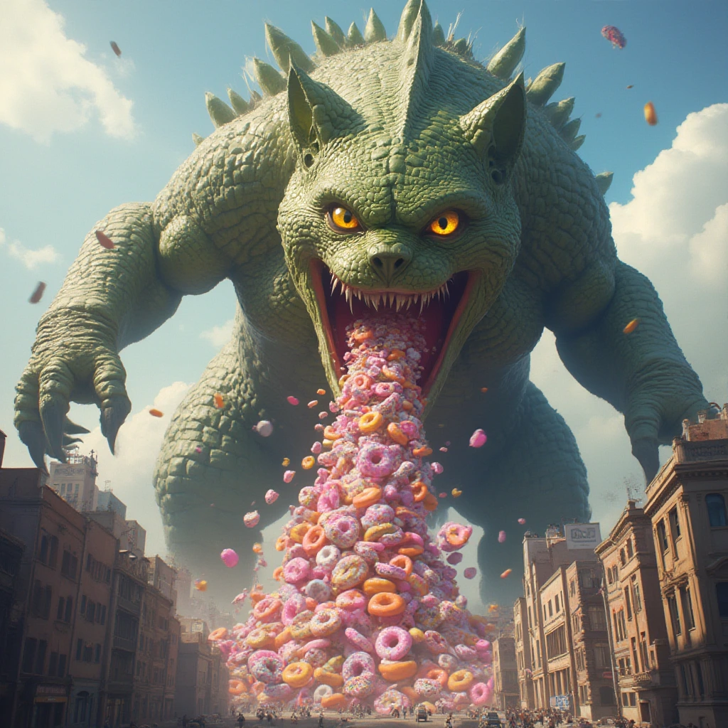 A towering, larger-than-life shreck with reptilian cat-like eyes gleaming with power and mischief, unleashes a vibrant stream of assorted donut chunks vomit from its jaws. The chaotic scene unfolds in a bustling cityscape below, with buildings crumbling and colorful magic adding an element of destruction in this photorealistic depiction.