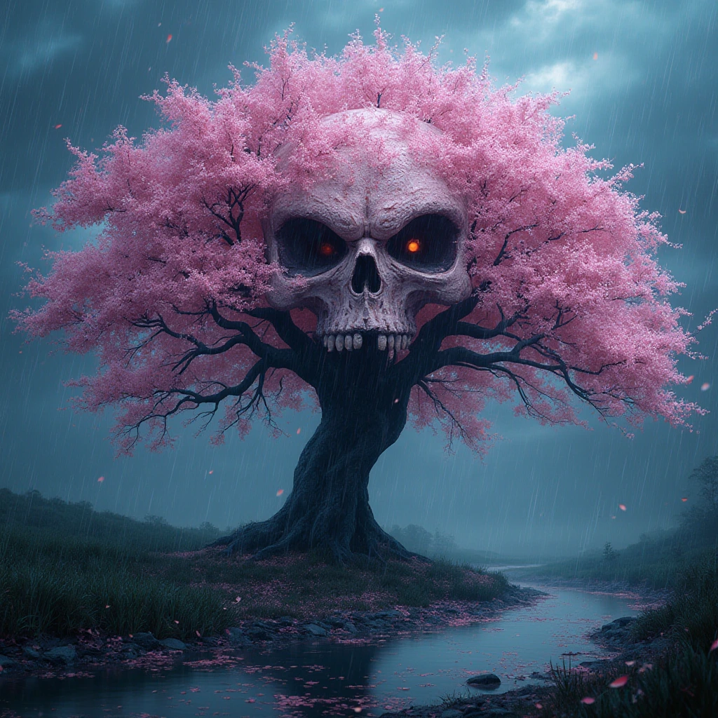 Generate a high-resolution, photorealistic image of a beautiful cherry tree in full bloom by a stream in a rainstorm, petals floating and covering the surrounding ground. The windswept canopy against the stormy sky shapes an illusion of a haunting visage, a demonic skull described by shifting light on the blossoms as the branches are blown by strong swirling winds.
, hyper-detailed, night, rendered in 8k resolution.