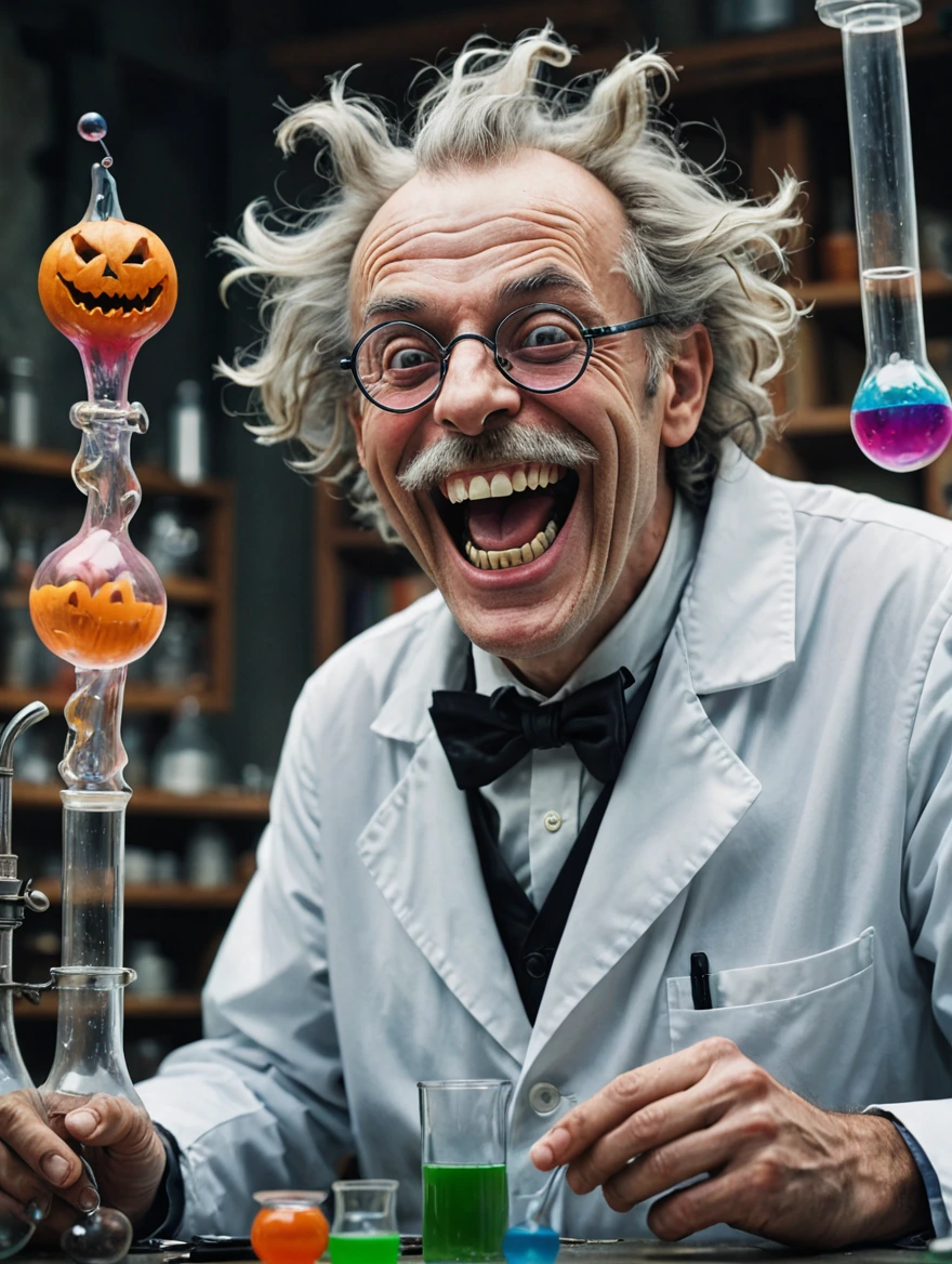 A mad scientist is laughing in joy at his monstrous creation spooky vibe, surrealist style, fantastical, magical, unexpected, super detail, dreamy lo-fi photography, colorful