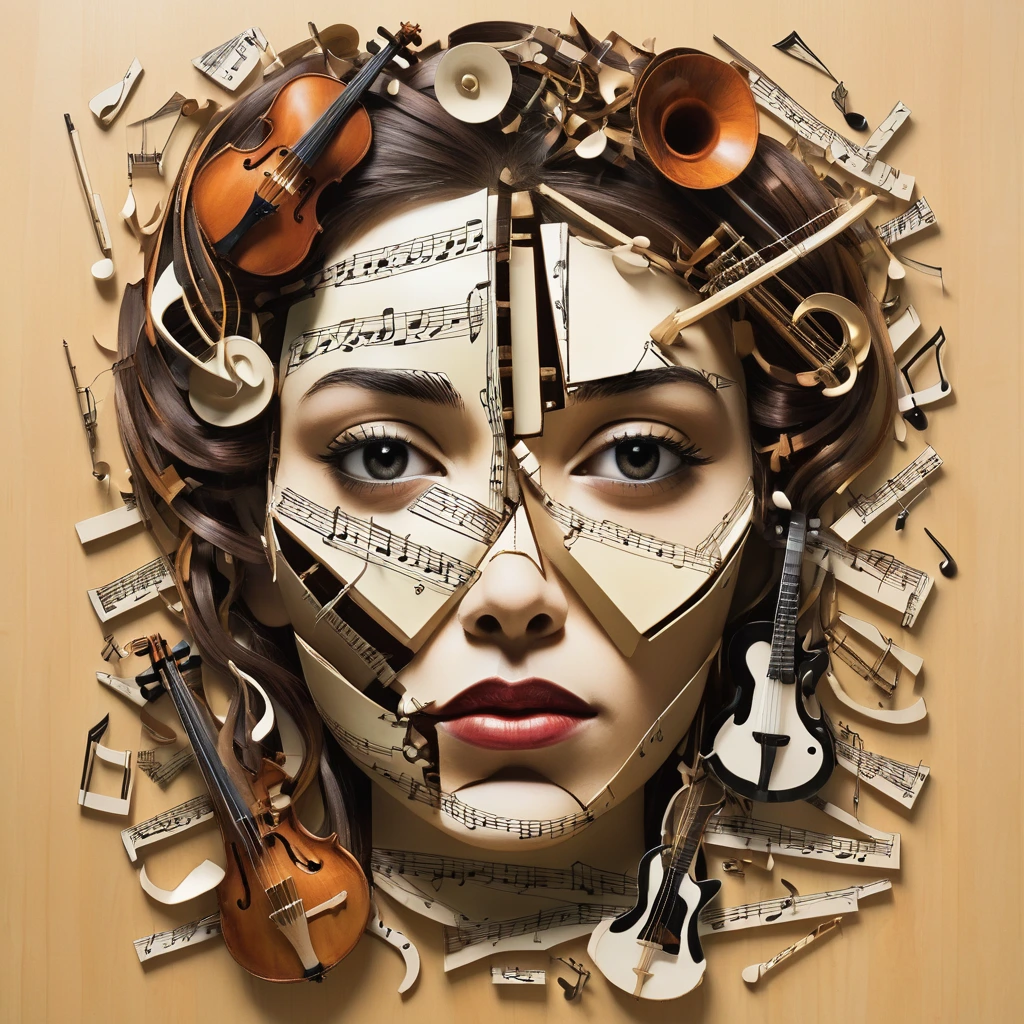 Create a womans face, pieced together from broken musical instruments and music notes