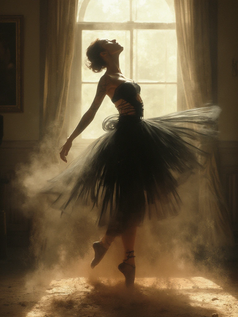 Digital double exposure disintegrating Black swan ballerina Natalie Portman inspired by the movie Black Swan directed by Darren Aronofsky, The picture should capture the talented but unstable ballerina pushed to the breaking point by her seductive rival as her grip on reality slips plunging her into a waking nightmare, ribs visible, gracefully dancing amidst a swirling cloud of dust. The warm light streaming in from the window creates dramatic and intense bursts of brightness, highlighting her movements and creating a mesmerizing and ethereal atmosphere.
Alcohol Ink
Magical
Dr. Seuss
Michael Cheval
Catrin Welz-Stein 
Bansky 
Grunge aesthetics
Bright vivid colors
Illuminating 
Background with soft lighting