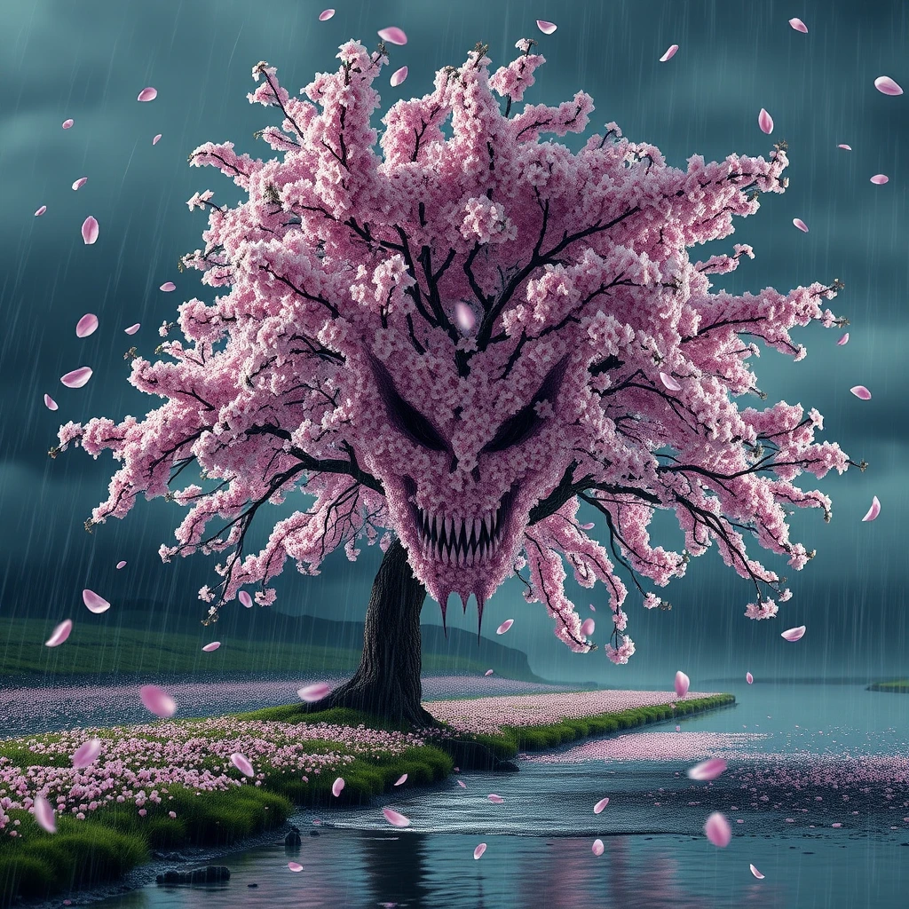 Generate a high-resolution, photorealistic image of a beautiful cherry tree in full bloom by a stream in a rainstorm, petals floating and covering the surrounding ground. The windswept canopy against the stormy sky shapes an illusion of a haunting visage, a demonic skull described by shifting light on the blossoms as the branches are blown by strong swirling winds.
, hyper-detailed, night, rendered in 8k resolution.