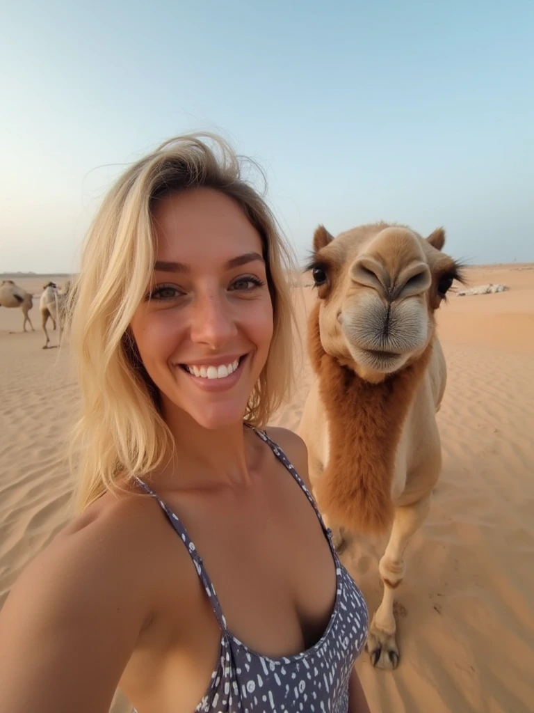 Blonde woman photobombed by a camel while taking a selfie