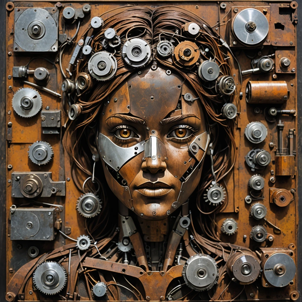 Create a woman pieced together from scrap parts junk scrap electronics rusty metal broken old archaic technology pieced together into a woman.