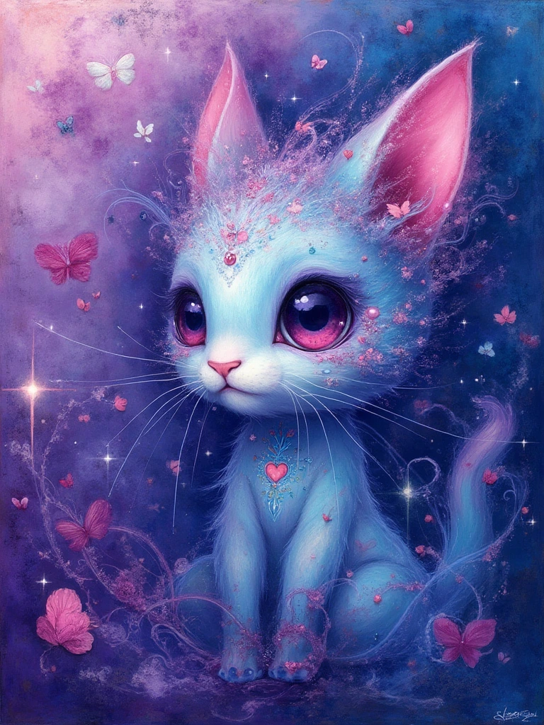 Create a close-up of an adorable chibi fantasy creature with a mesmerizing blend of purple, velvet and blue hues alcohol ink and acrylic glitter paint, painting inspired by the whimsical styles of Michael Cheval, Luis Royo, and Mucha reminiscent mashup of Nordic and Scandinavian art styles. Vibrant colors blend in intricate swirls, creating a dreamy, ethereal background reminiscent of a mystical Candyland. Subtle grunge elements add a touch of dark charm, while hints of a benevolence whimsical appearance float through the composition. The distinctive styles of each artist intertwine, inviting viewers into an enchanting, otherworldly realm of artistic wonder.