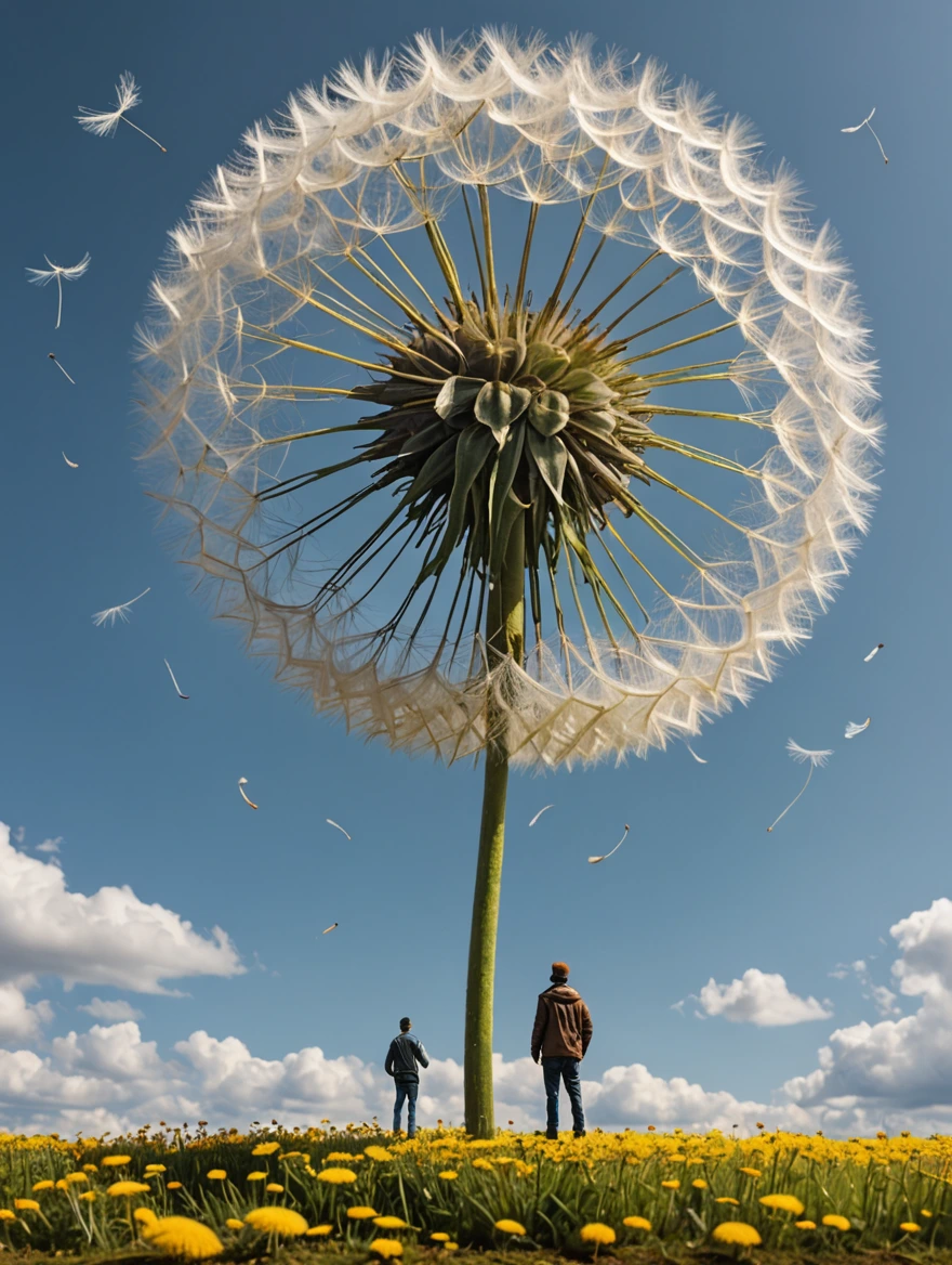 tiny man standing under a giant dandelion