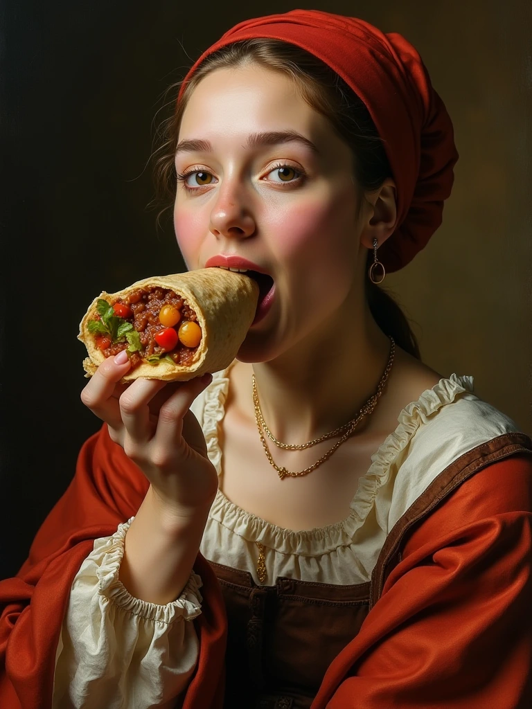 Create a painting portrait of a woman in renaissance style eating a sloppy burrito