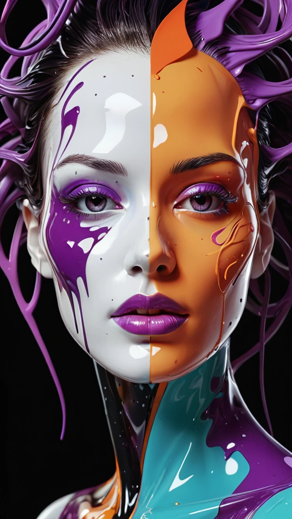 A surreal digital illustration of a stylized human face made up of abstract, fluid shapes, with a combination of smooth, flowing lines and sharp geometric edges. The left side of the face is formed by a mix of colorful, swirling liquid shapes in shades of purple, teal, and black, wet dripping down, while the right side features a more rigid cybernetic, white, sculpted form with digital and mechanical features. The lips are bright red and glossy, positioned centrally, creating a striking focal point. The background is an eerie prison cell red graffiti that transitions from warm yellow-orange at the center to a darker shade at the edges, giving a glowing effect behind the abstract face. The overall style is futuristic and artistic, with a strong emphasis on contrast and symmetry.