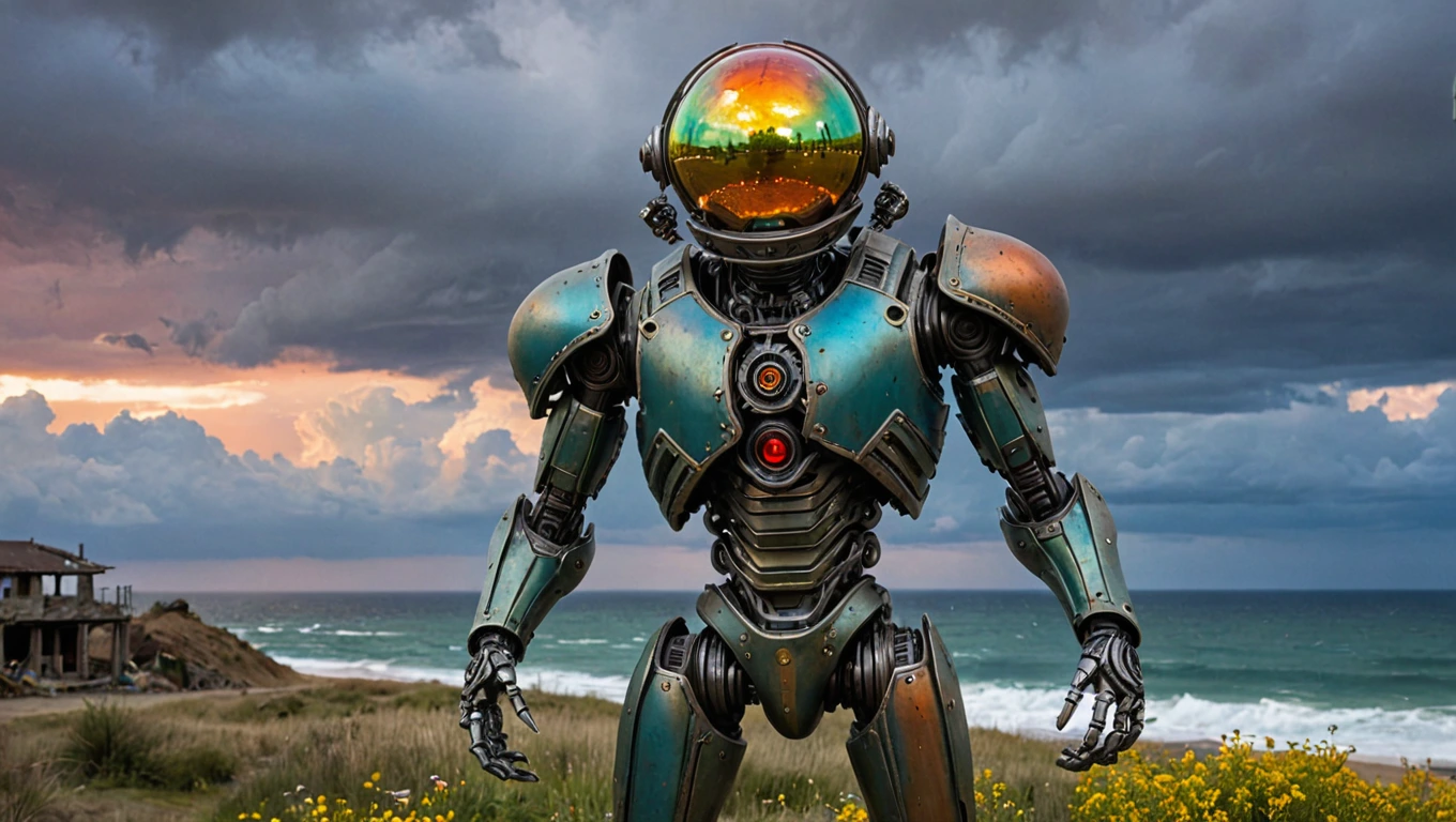 Create a full-scale Titanium sculpture of a 2300 Ai Manufactured EnriCesar man holding a magical shining big orb representing a world in ruins in a desolate dystopian Starcraft inspired village overlooking the ocean in ruins, made of solid Titanium , with a dirty green patina and showing signs of years gone by with tiny glowing alien flowers growing on it. A dark cloudy sky with GoldenNavyBlue orange and red ombrè showcasing an apocalyptic sky. 50mm lens, ultra highly-detailed.