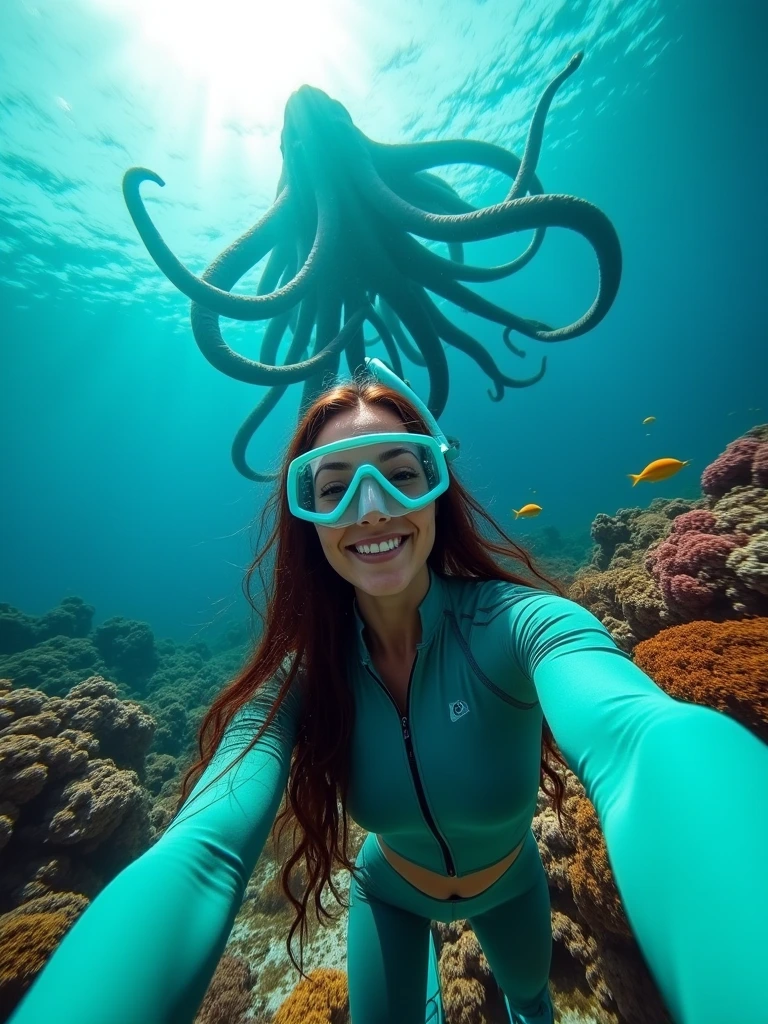 A stunning brunette with long flowing hair, wearing a turquoise wetsuit, mask and flippers snorkeling amongst colorful coral reefs in crystal clear blue waters. Unbeknownst to her, a massive Cthulhu-like monster photobombing up close behind her, its long tentacles weaving through the water as she is taking a selfie. The brunette is seen cheerfully capturing the moment on a waterproof camera, the sun rays filtering through the water creating a magical and eerie underwater scene.