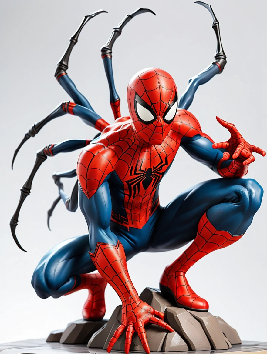 The figurine figure show link of spider men, hard edge painting, gigantic scale, realistic figures, isolate on white