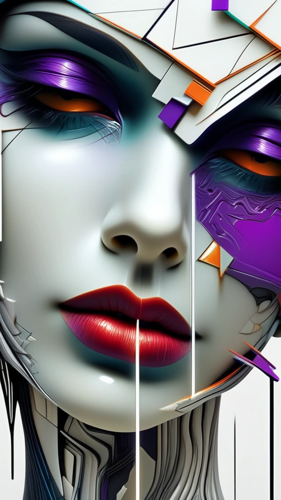 A surreal digital illustration of a stylized human face made up of abstract, fluid shapes, with a combination of smooth, flowing lines and sharp geometric edges. The left side of the face is formed by a mix of colorful, swirling liquid shapes in shades of purple, teal, and black, wet dripping down, while the right side features a more rigid cybernetic, white, sculpted form with digital and mechanical features. The lips are bright red and glossy, positioned centrally, creating a striking focal point. The background is an eerie prison cell red graffiti that transitions from warm yellow-orange at the center to a darker shade at the edges, giving a glowing effect behind the abstract face. The overall style is futuristic and artistic, with a strong emphasis on contrast and symmetry.