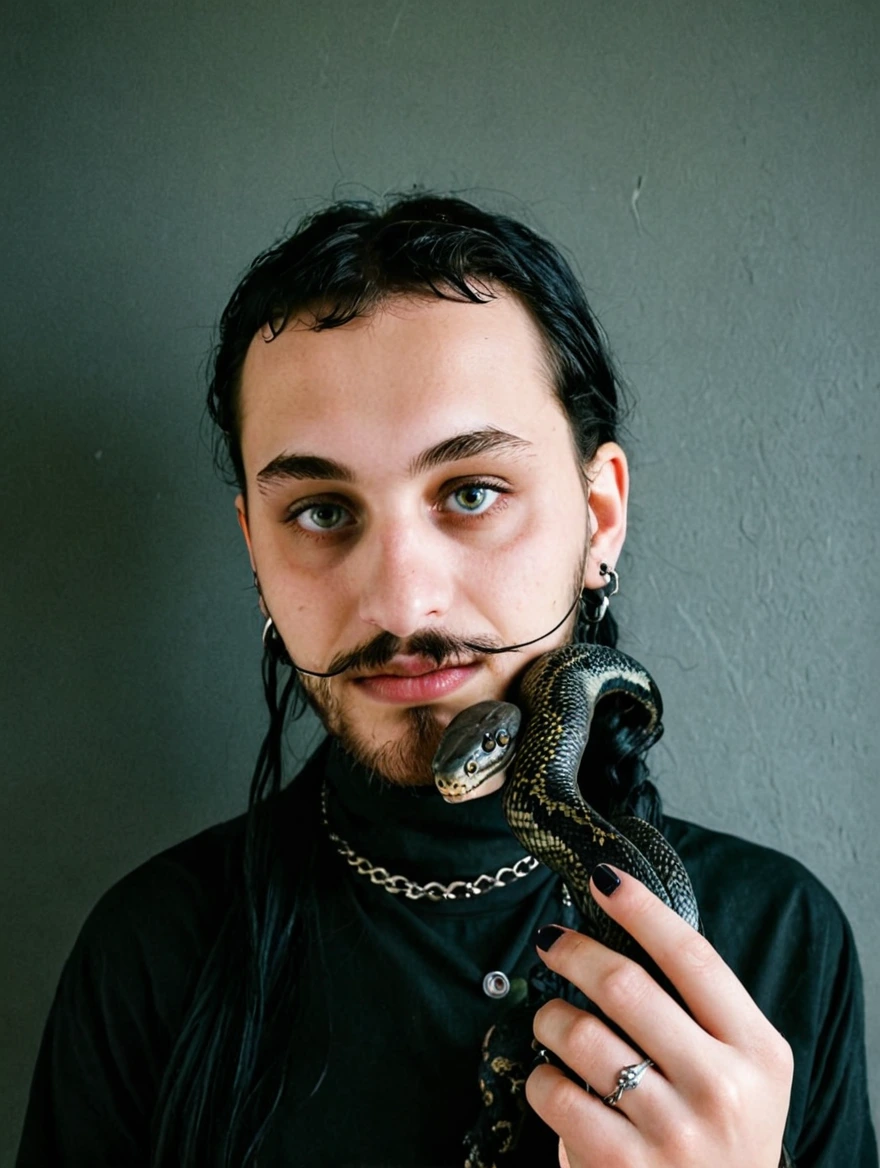 A female goth with piercings and a pet snake