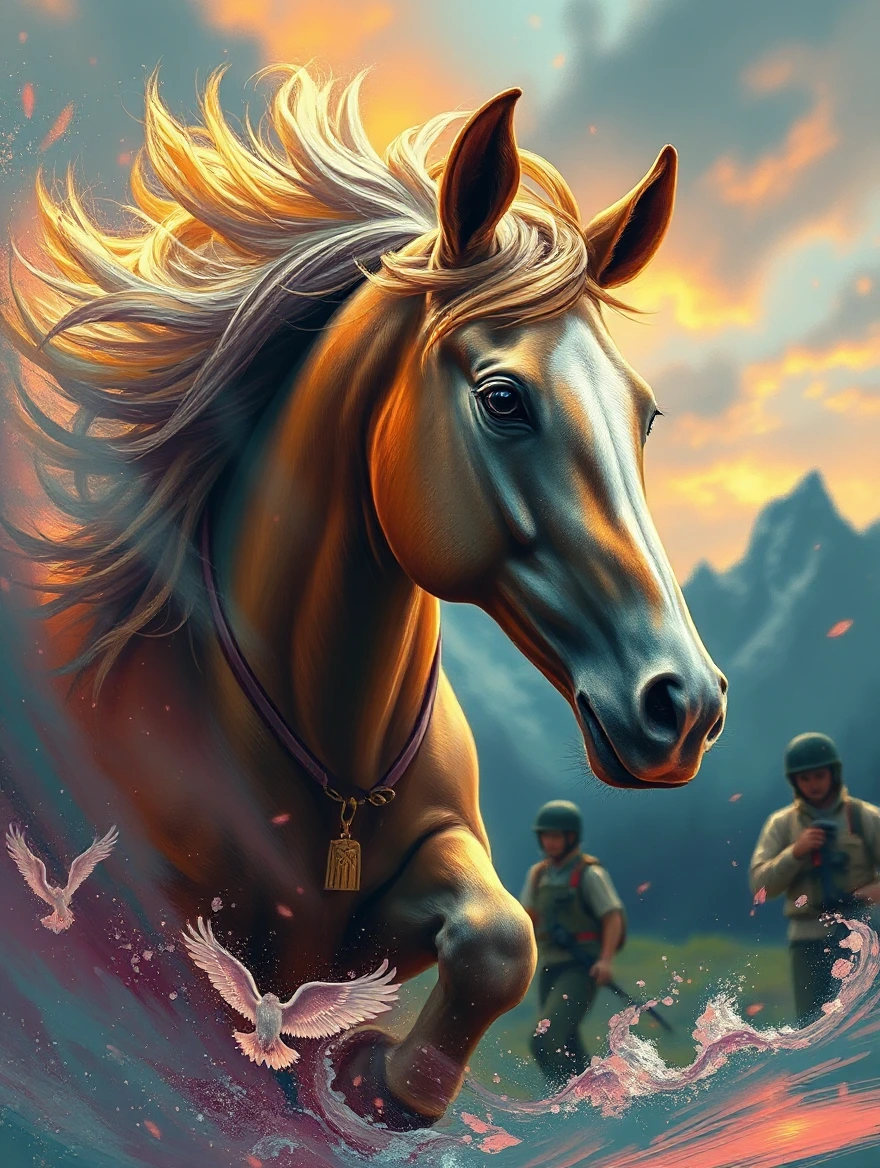 A painting masterpiece showcasing beautiful ultra detailed horse through  distorted reality. The vivid colour palette and intricate brushwork immerse viewers in a mesmerizing world of realistic enchantment, where the surreal beauty of nature looms. The ambience is accentuated by cinematic lighting, elevating the atmosphere of mystical fantasy. Captured in crisp 1080p resolution, this lifestyle photograph invites you to delve into a realm of wonder and intrigue. Dramatic action