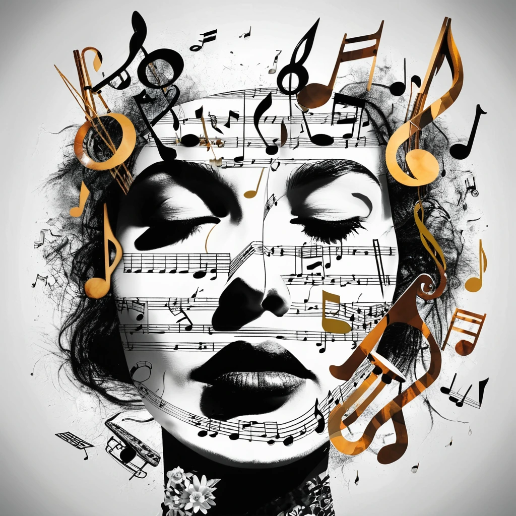 Create a womans face, pieced together from broken musical instruments and music notes