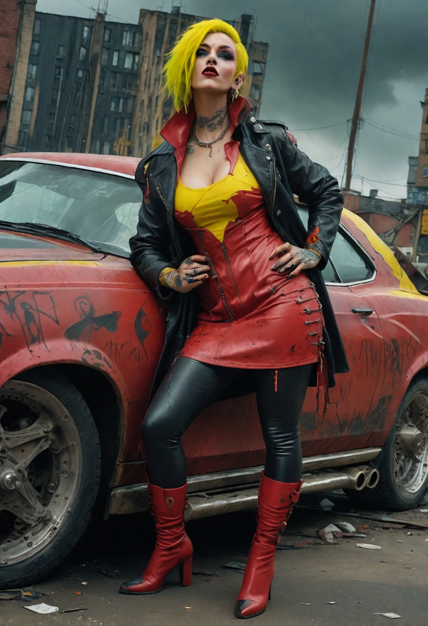 A post-apocalyptic femme fatale punk character with a vibrant neon yellow- red mohawk and bold undercut, large breasts,exuding defiance with intense eyes, dark makeup, and a striking red lip. Adorned with numerous piercings and elaborate tattoos of skulls and monsters on arms and back, her figure standing boldly in a tight-fitting, red leather mini dress. The backdrop features a gritty, chaotic urban dystopia with a rugged yellow muscle car bearing a 'KIL KIL' license plate, dilapidated buildings, faded graffiti, tangled wires, and ominous overcast skies, all bathed in vivid yet dark hues for a comic book aesthetic with high detail and dramatic lighting.