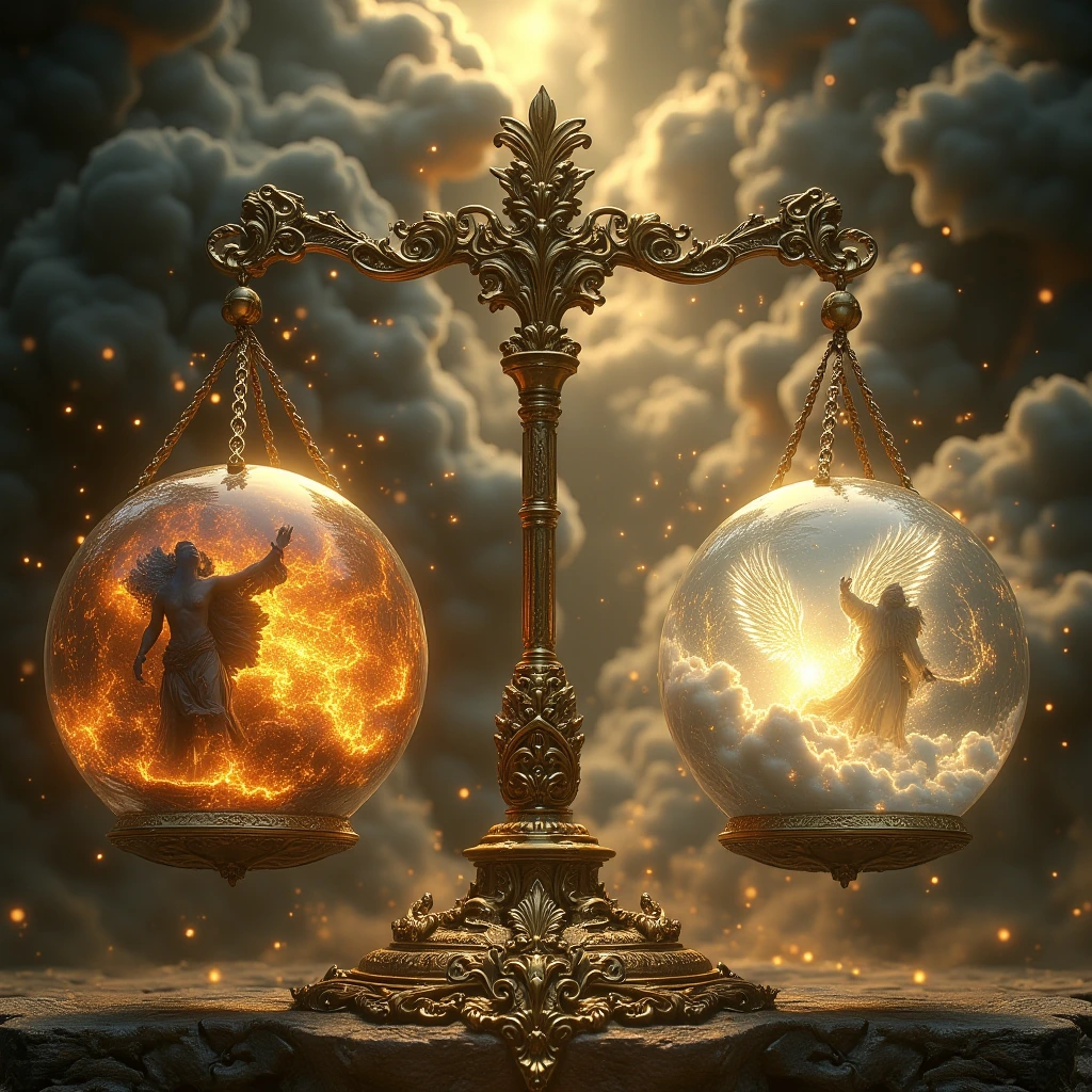 An ultra-realistic, highly detailed image of 'The Weighing of Souls' in an antique style. In the center, a large, ornate scale with two transparent bubbles hanging from each side. One globe represents the Divine Darkness, fiery and dark with molten lava, billowing smoke, and faint images of suffering souls writhing in agony. The other globe symbolizes Divine Light, radiating a serene, heavenly glow, encircled by fluffy clouds, angelic figures with outstretched wings, and symbols of purity like white doves and gleaming halos. The overall composition exudes a timeless sense of divine judgment and ethereal beauty.