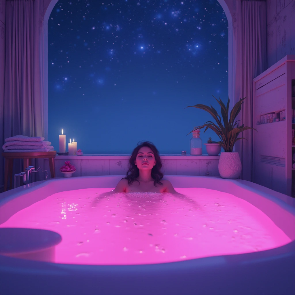 A vaporwave-style setting shows a woman relaxing in a bathtub filled with pink water against a starry night sky backdrop, evoking a dreamy, magical ambience. The scene exudes tranquility and fantasy, inviting viewers to escape into a serene universe of relaxation and wonder.