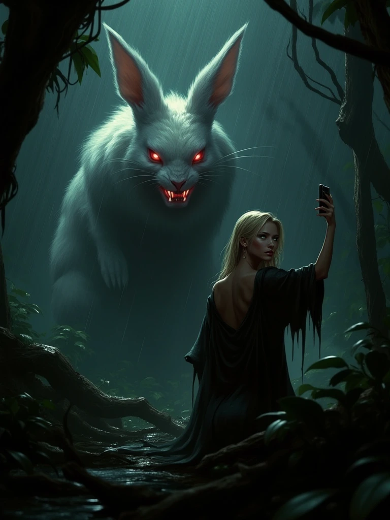 Japanese horror anime style, a beautiful blonde Japanese woman with crystal green eyes, she taking a selfie with a apple smart phone as a killer white bunny rabbit attacks her as she takes a selfie within a dark forest, crimson red eyes of Killer white bunny rabbit demon beast with thorough detailed, horror vintage realistic anime design, extreme sharpness of the rabbit, dark tropical paradise background as shadow exposure is cause by a hard rain storm as rain pours on everything.