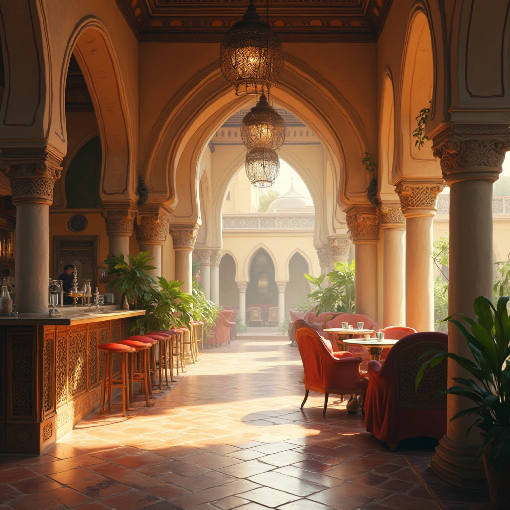 a hyper-realistic digital painting of a beautiful islamic Arabian style cafe at morning coffee