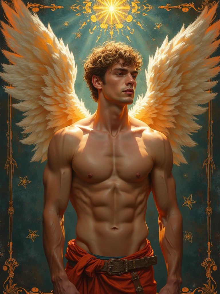 Regal angelical whimsical shirtless muscle male figures with a attractive expression, flanked by intricate flurry patterns and rich textures, painted with vibrant colors that seem to glow, creating a sense of depth and movement. The brushstrokes are precise and delicate, enhancing the ethereal attractive atmosphere of the scene. Bright highlights and deep shadows play together to emphasize the volumetric virile composition of the painting, drawing the viewer's eye towards the centered figure with an almost otherworldly presence.