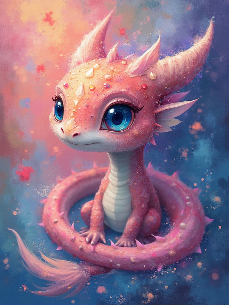 Create a close-up of an adorable chibi salamander dragon with a mesmerizing blend of pastel alcohol ink and acrylic glitter paint, painting inspired by the whimsical styles of Michael Cheval, Luis Royo, and Mucha reminiscent mashup of Nordic and Scandinavian art styles. Vibrant colors blend in intricate swirls, creating a dreamy, ethereal background reminiscent of a mystical Candyland. Subtle grunge elements add a touch of dark charm, while hints of a benevolence whimsical appearance float through the composition. The distinctive styles of each artist intertwine, inviting viewers into an enchanting, otherworldly realm of artistic wonder.