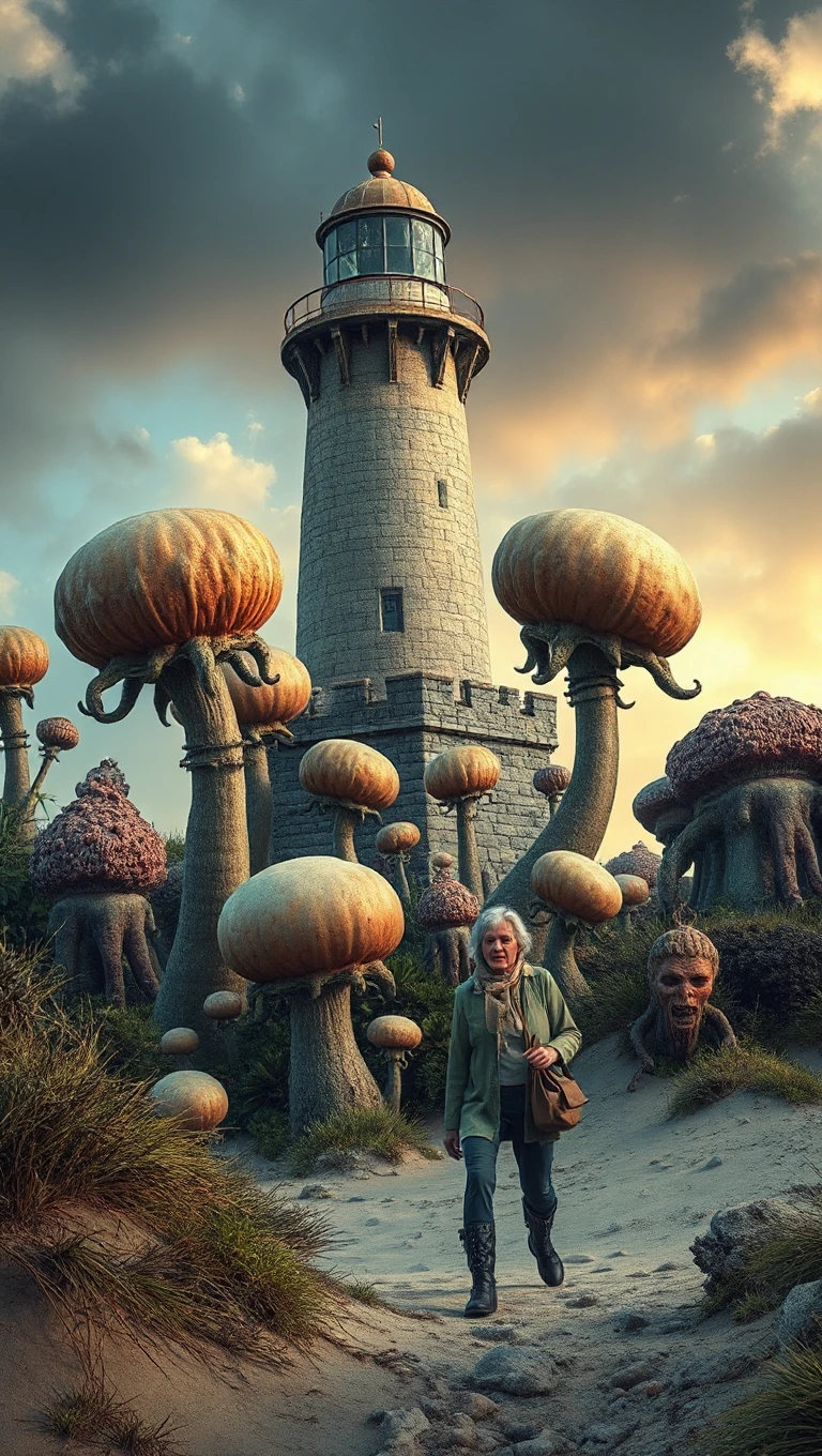 Old stone northern English lighthouse. Old woman b…