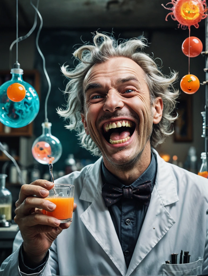 A mad scientist is laughing in joy at his monstrous creation spooky vibe, surrealist style, fantastical, magical, unexpected, super detail, dreamy lo-fi photography, colorful