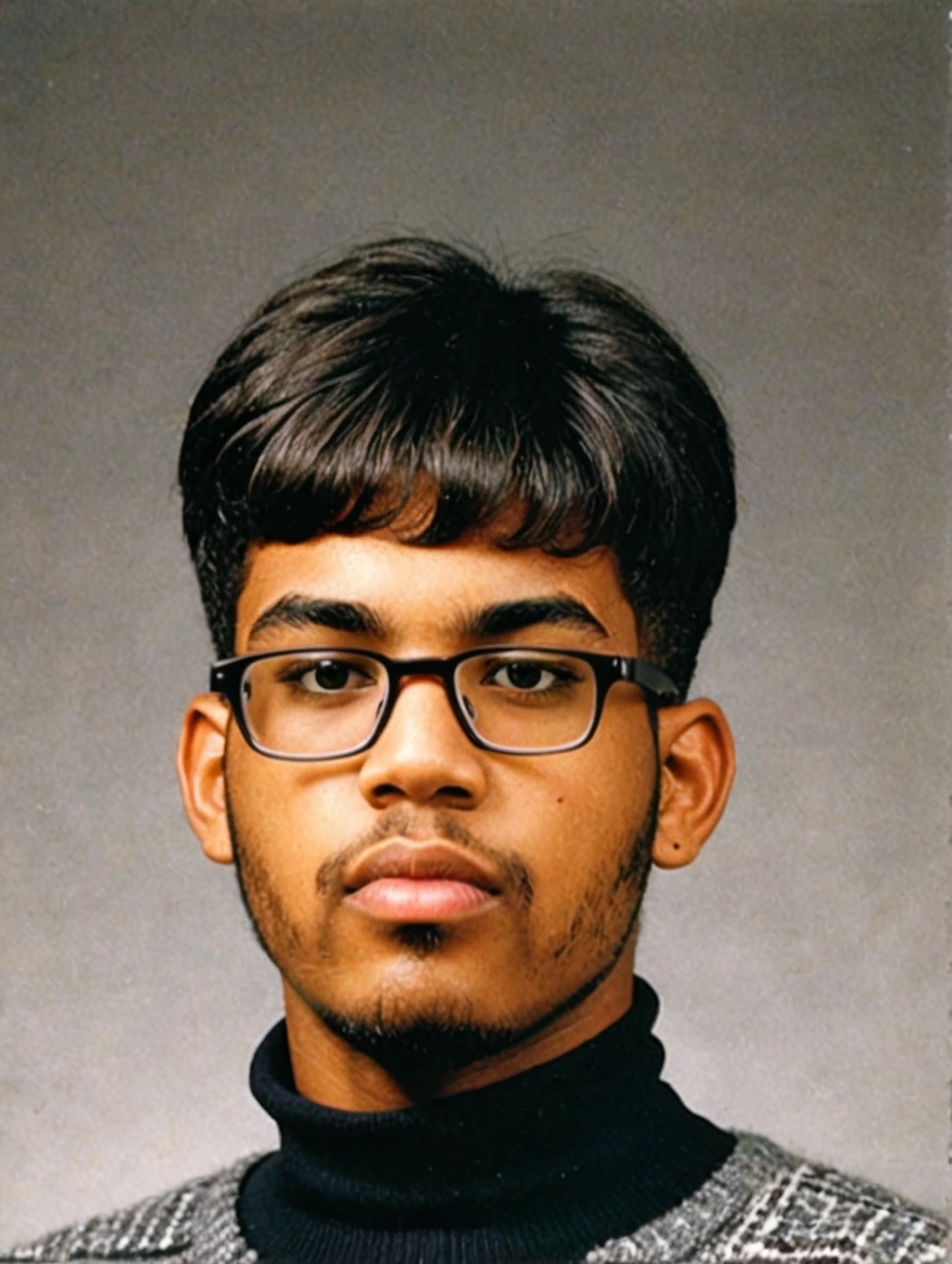 A 1993 yearbook photo of male high school student, turtlenecks, sweater vests, middle-part hairstyle