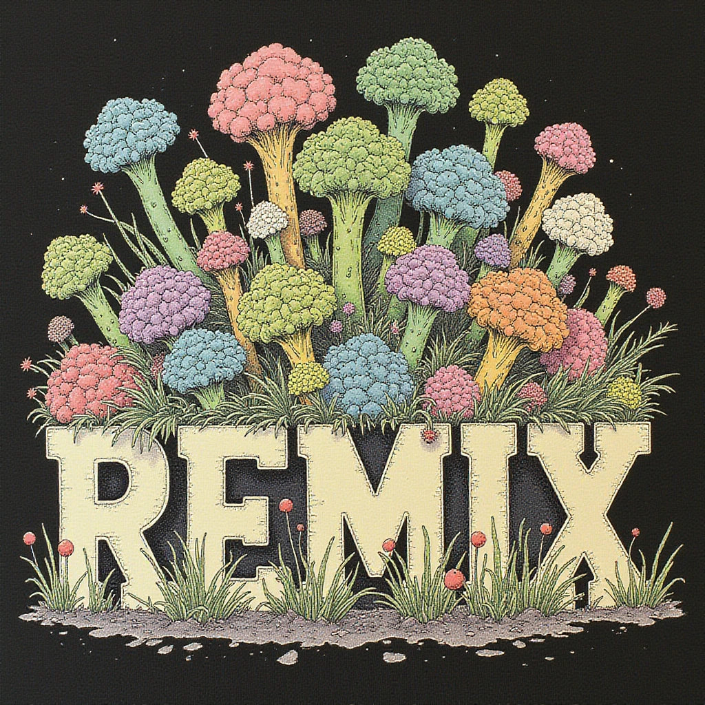 A wild proliferation of broccoli in different styles displayed behind the word "REMIX". In a Black tshirt design